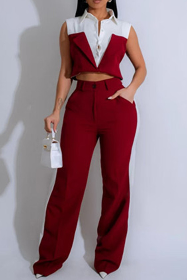 Red Casual Pocket Buckle Patchwork Contrast Turndown Collar Two Pieces