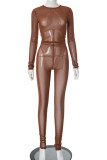 Brown Casual Solid Color Patchwork See-Through O Neck Long Sleeve Two Pieces
