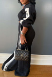 Black Casual Patchwork Contrast O Neck Long Sleeve Two Pieces