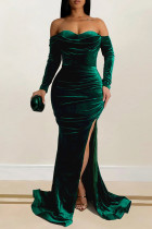 Green Elegant Solid Color Patchwork High Slit Off Shoulder Long Dresses