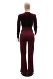 Burgundy Sexy Elegant Solid Color Patchwork Hot Drill V Neck Bodycon Jumpsuits