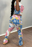 Black Casual Flowers Print Contrast O Neck Sleeveless Two Pieces