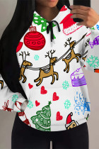 White Casual Party Wapiti Santa Claus Print Candy Draw String Pocket Hooded Tops
