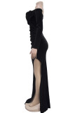 Green Elegant Solid Color Patchwork High Slit Off Shoulder Long Dresses