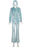 Blue Casual Solid Color Draw String Pocket Patchwork Zipper Zipper Collar Long Sleeve Two Pieces