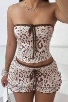 Coffee Casual Print Draw String Patchwork Strapless Two Pieces
