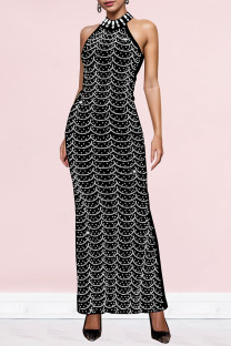 Black Elegant Solid Color Patchwork Hot Drill Zipper O Neck Long Dresses