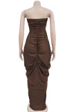 Coffee Casual Solid Color Patchwork Backless Ruched Strapless Long Dresses