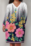 Red Casual Daily National Totem Floral Print Pocket Contrast V Neck Printed Plus Size Dresses