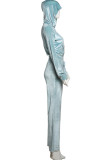 Blue Casual Solid Color Draw String Pocket Patchwork Zipper Zipper Collar Long Sleeve Two Pieces