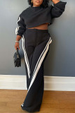 Black Casual Patchwork Contrast O Neck Long Sleeve Two Pieces