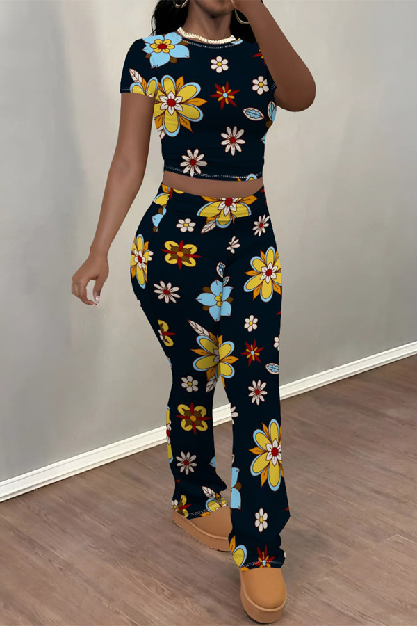 Black Casual Flowers Print Contrast O Neck Sleeveless Two Pieces