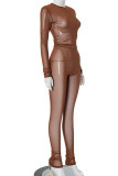 Brown Casual Solid Color Patchwork See-Through O Neck Long Sleeve Two Pieces