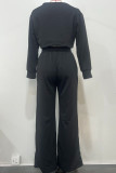Black Casual Patchwork Contrast O Neck Long Sleeve Two Pieces
