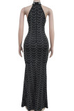Black Elegant Solid Color Patchwork Hot Drill Zipper O Neck Long Dresses