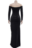Green Elegant Solid Color Patchwork High Slit Off Shoulder Long Dresses
