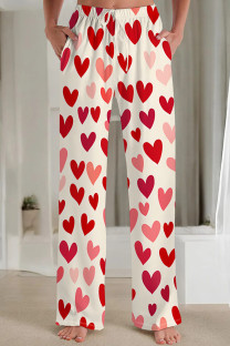 Burgundy Casual Print Pocket Patchwork Loose Mid Waist Conventional Full Print Bottoms