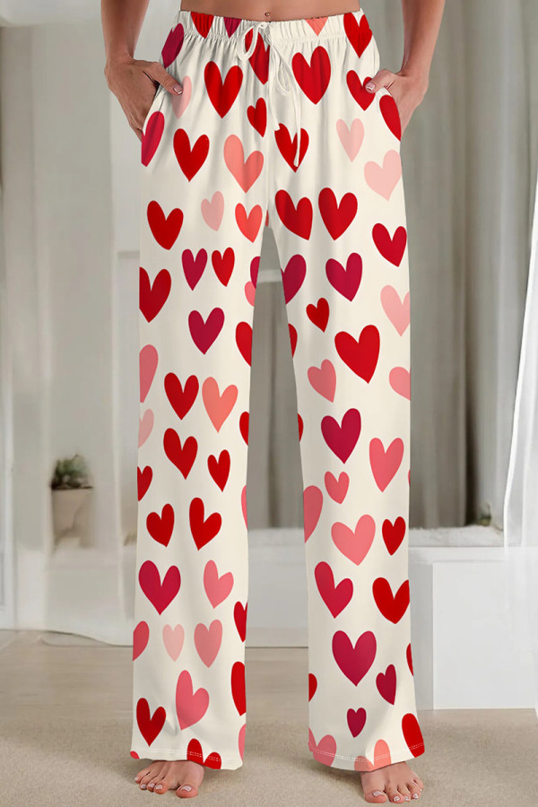 Burgundy Casual Print Pocket Patchwork Loose Mid Waist Conventional Full Print Bottoms