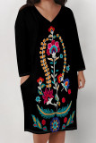 Red Casual Daily National Totem Floral Print Pocket Contrast V Neck Printed Plus Size Dresses