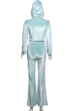 Blue Casual Solid Color Draw String Pocket Patchwork Zipper Zipper Collar Long Sleeve Two Pieces