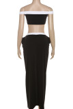 Black Casual Patchwork High Slit Contrast Off Shoulder Two Pieces