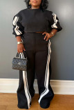 Black Casual Patchwork Contrast O Neck Long Sleeve Two Pieces