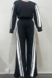 Black Casual Patchwork Contrast O Neck Long Sleeve Two Pieces