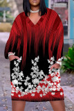 Red Casual Daily National Totem Floral Print Pocket Contrast V Neck Printed Plus Size Dresses