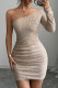 Apricot Sexy Solid Color Sequins Patchwork Backless Oblique Collar Wrapped Skirt Dresses