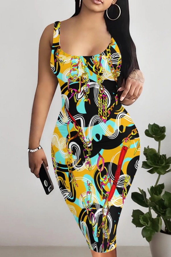 Yellow Casual Print Basic U Neck Vest Dresses