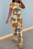 Black Casual Flowers Print Contrast O Neck Sleeveless Two Pieces