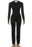 Black Casual Solid Color Patchwork Zipper Zipper Collar Long Sleeve Two Pieces