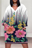 Red Casual Daily National Totem Floral Print Pocket Contrast V Neck Printed Plus Size Dresses