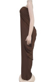 Coffee Casual Solid Color Patchwork Backless Ruched Strapless Long Dresses
