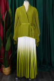 Green Yellow Casual Gradient Patchwork Strap Design Cardigan Collar Long Sleeve Two Pieces