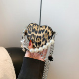 Brown Daily Leopard Print Chains Pearls Decor Zipper Bags