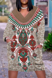 Red Casual Daily National Totem Floral Print Pocket Contrast V Neck Printed Plus Size Dresses