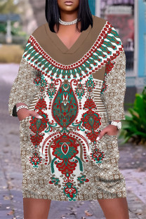 Khaki Casual Daily National Totem Floral Print Pocket Contrast V Neck Printed Plus Size Dresses