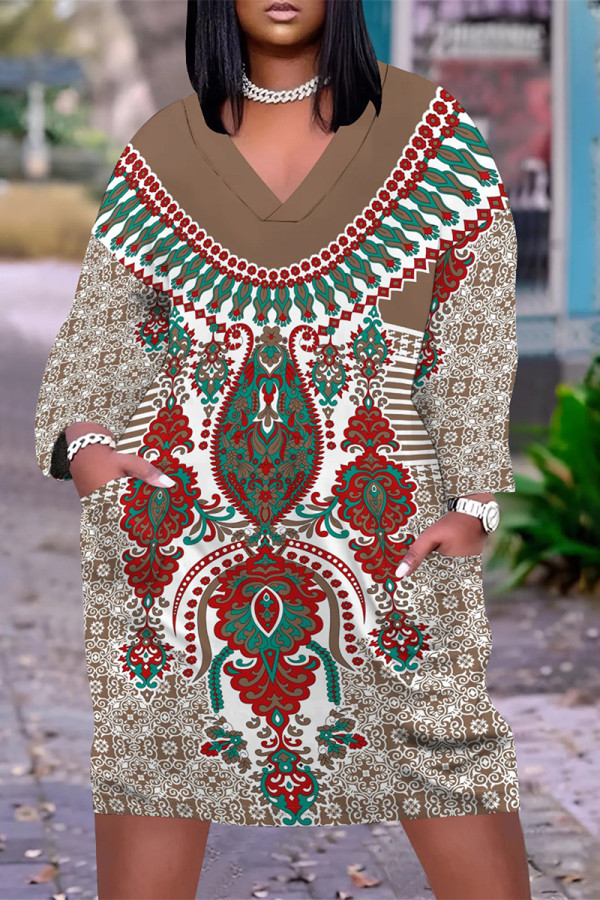 Khaki Casual Daily National Totem Floral Print Pocket Contrast V Neck Printed Plus Size Dresses