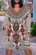 Khaki Casual Daily National Totem Floral Print Pocket Contrast V Neck Printed Plus Size Dresses