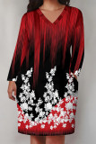 Red Casual Daily National Totem Floral Print Pocket Contrast V Neck Printed Plus Size Dresses