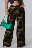 Camouflage Casual Camouflage Print Pocket Patchwork Loose Mid Waist Wide Leg Full Print Bottoms