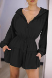 Black Casual Solid Color Pocket Patchwork Zipper Zipper Collar Regular Rompers