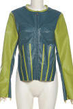 Green Casual Patchwork Zipper Contrast Zipper Collar Outerwear