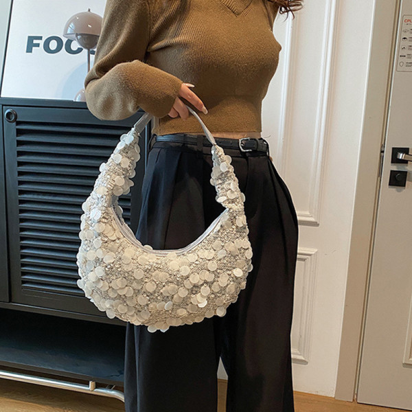 White Daily Solid Color Sequins Zipper Bags
