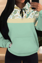 Light Green Casual Print Draw String Pocket Patchwork Hooded Tops