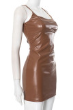 Brown Sexy Solid Color Patchwork Backless Spaghetti Strap Sling Dresses