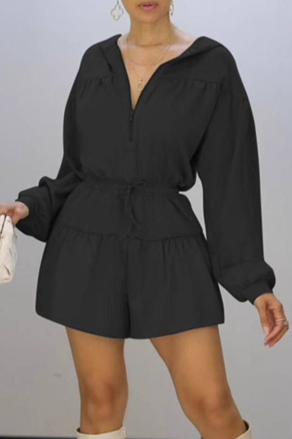 Black Casual Solid Color Pocket Patchwork Zipper Zipper Collar Regular Rompers
