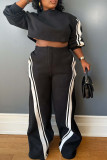 Black Casual Patchwork Contrast O Neck Long Sleeve Two Pieces