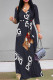 Tibetan Blue Casual Street Cartoon Print Letters Lace Up V Neck Printed Dresses